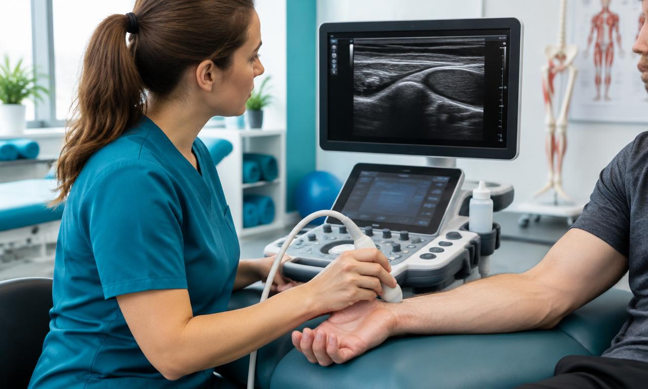 Profissional realizando exame de ultrassonografia musculoesquelética